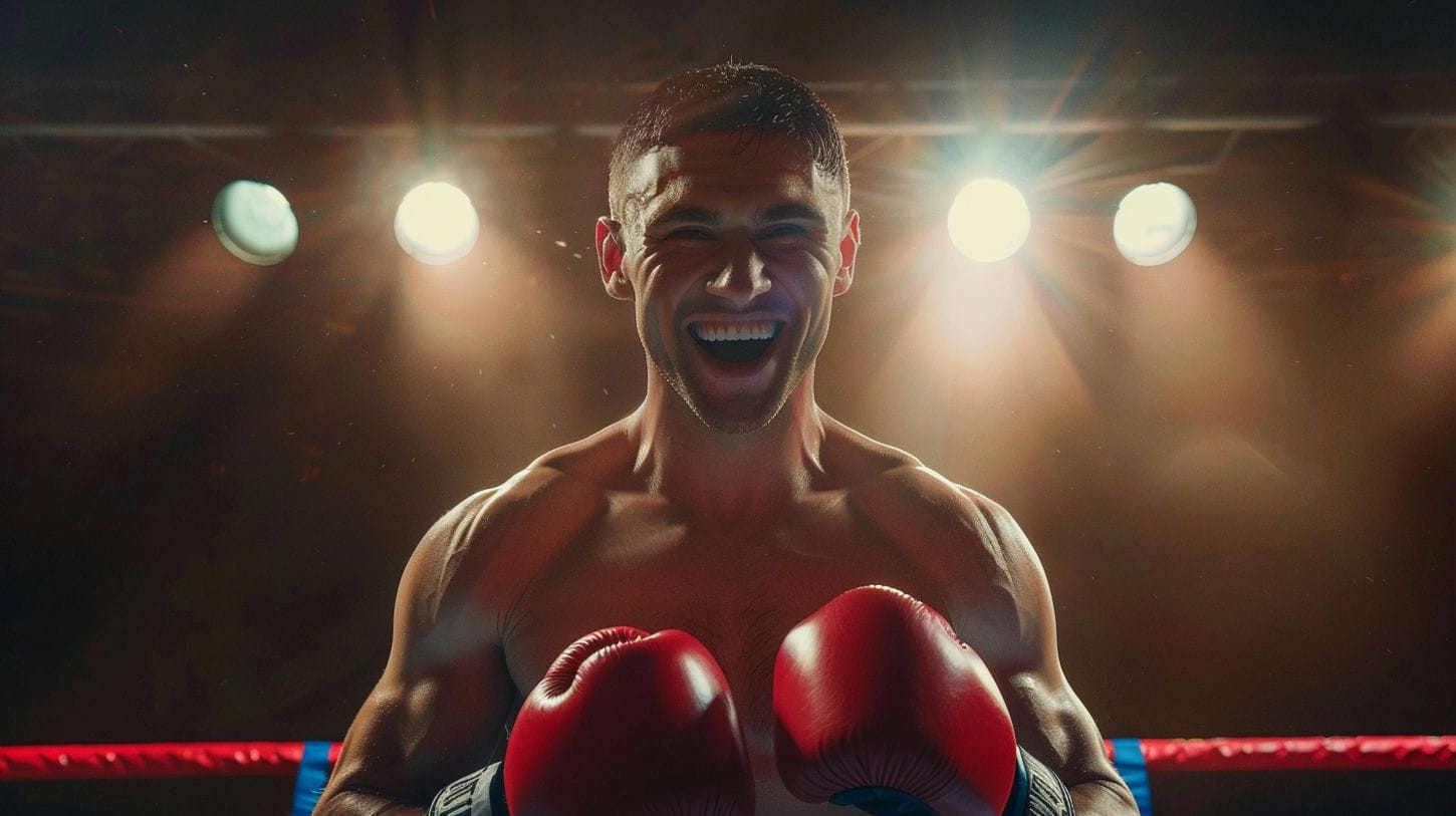 Image d'un boxeur victorieux, représentant notre capacité à sortir gagnant même des pires moments difficiles.