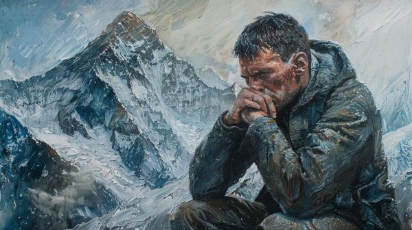image d'un homme sérieux devant une immense montagne représentant le défi que représente les moments difficile de nos vies.