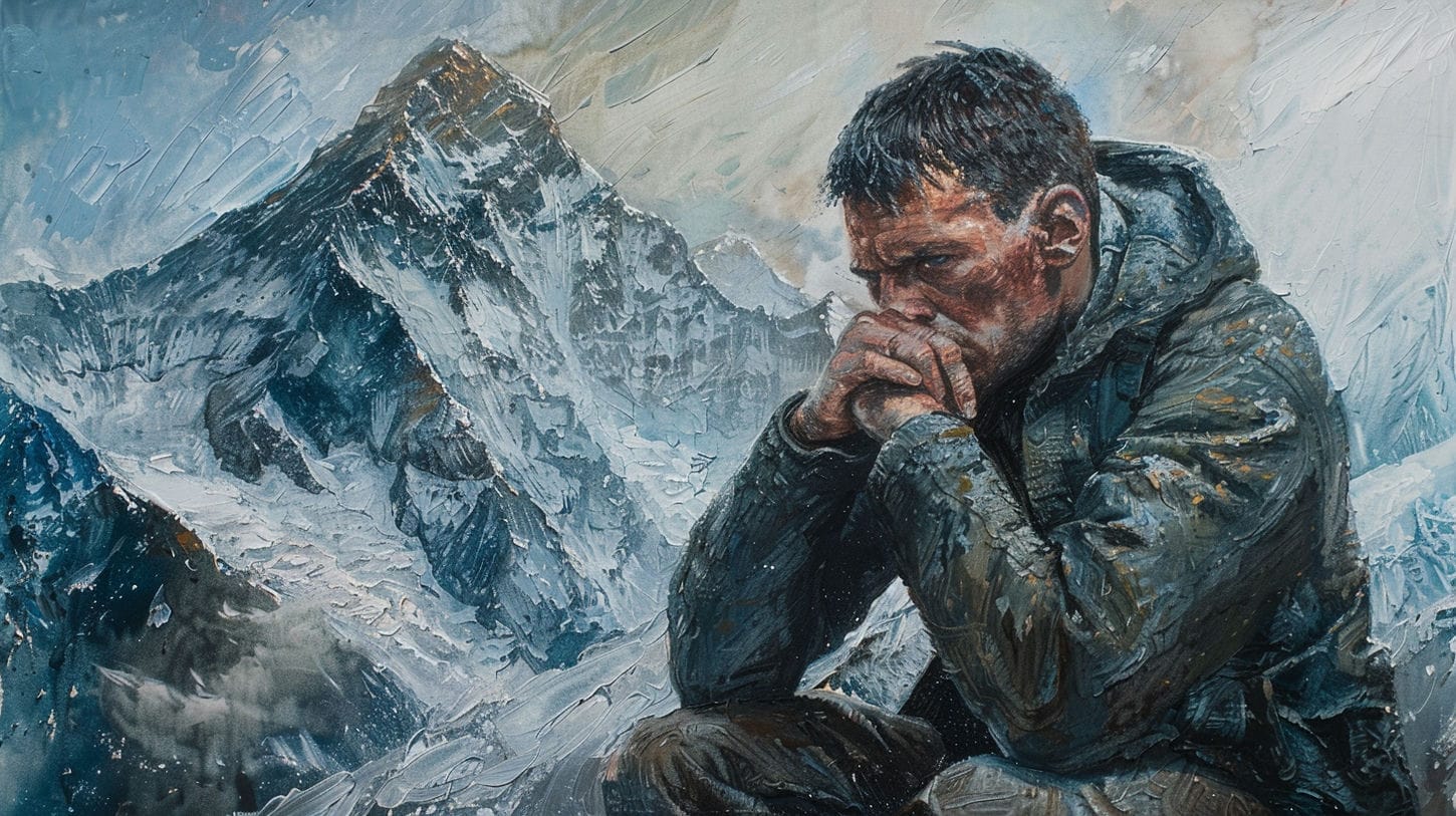 image d'un homme sérieux devant une immense montagne représentant le défi que représente les moments difficile de nos vies.