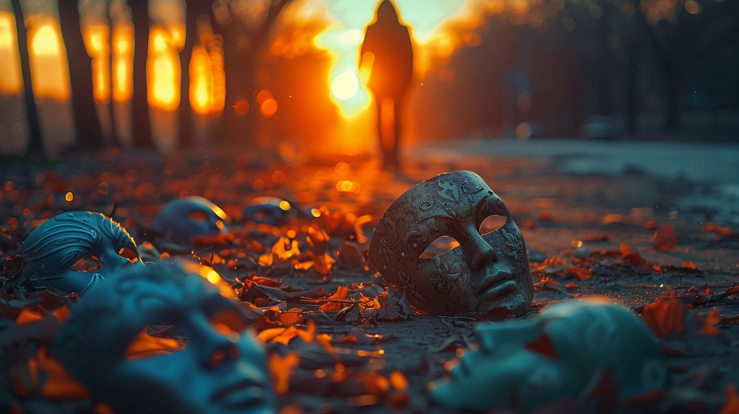 image d'un homme s'éloignant d'une pile de masque par terre. L'image la libération de soi par l'acceptation de soi