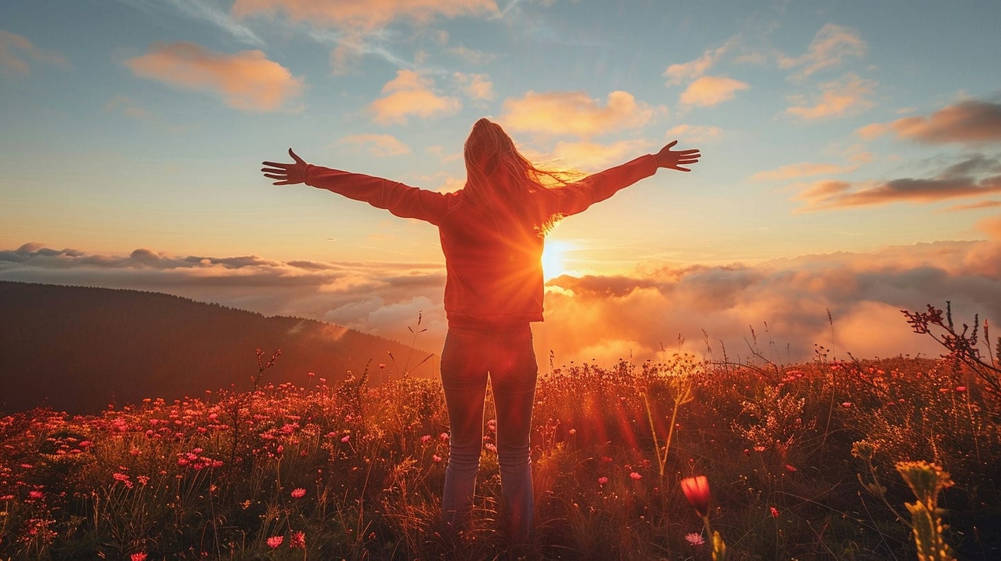 Image d'une jeune femme, heureuse, les bras ouverts vers le coucher de soleil. 