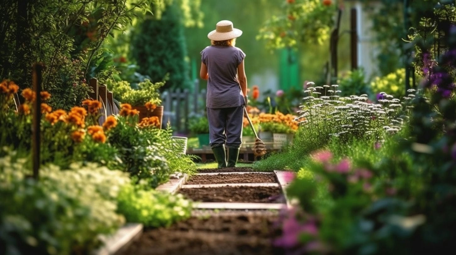 Femme travaillant dans un jardin exprimant le besoin de travailler sur notre bonheur