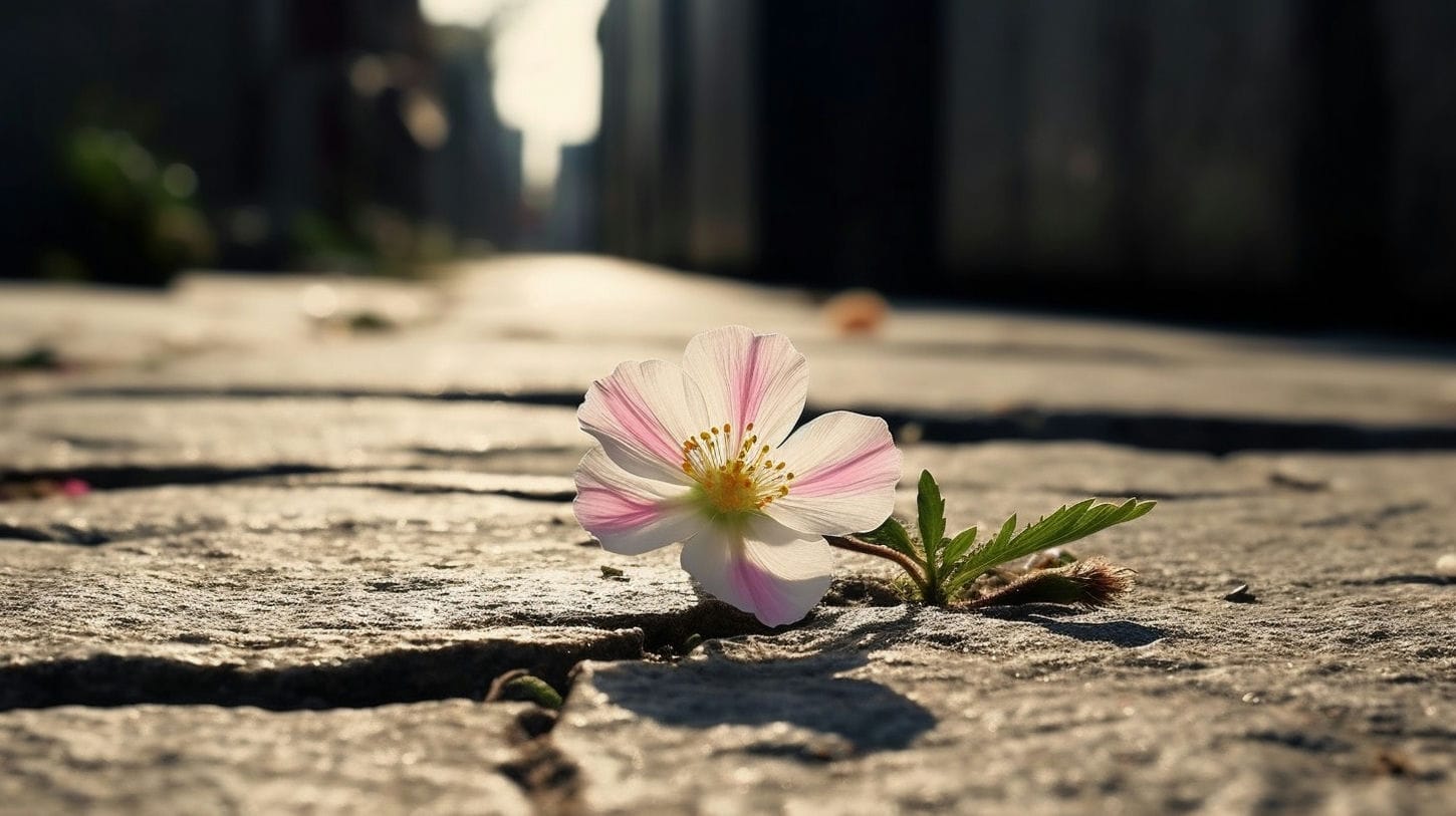 Image d'une fleur qui éclos à travers le béton, représentant notre capacité à être heureux malgré la souffrance.