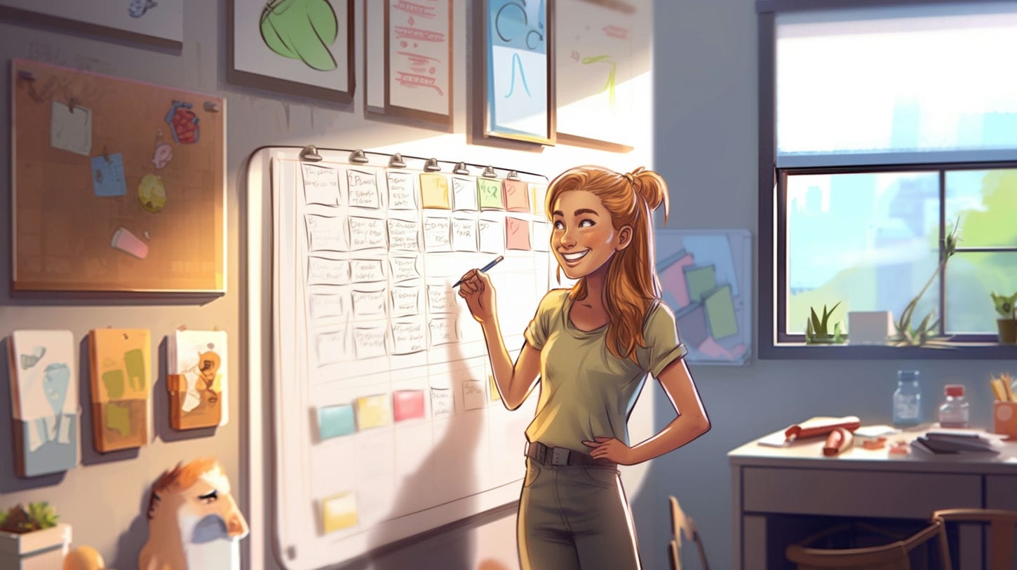 Cartoon d'une jeune femme en avant d'un tableau blanc planifiant sa vie vers le bonheur