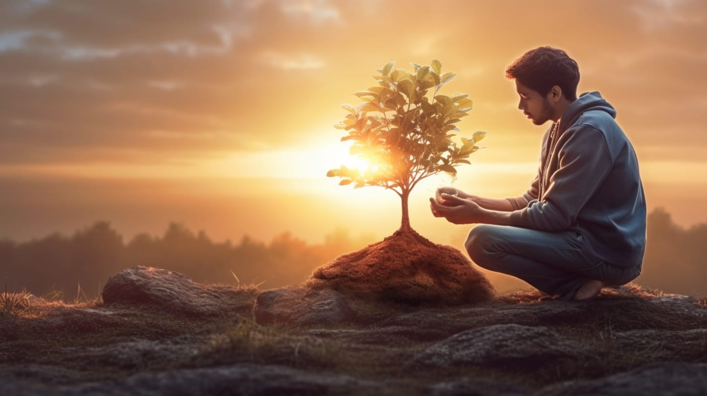 image représentant un homme prenant soin d'un arbre comme on doit prendre soin de notre bonheur