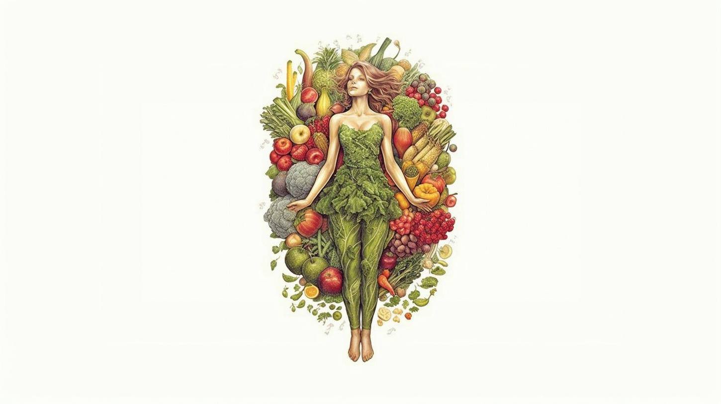 jeune femme chouché dans les fruits et les légumes représentant la santé. Le bonheur nécessite la santé.