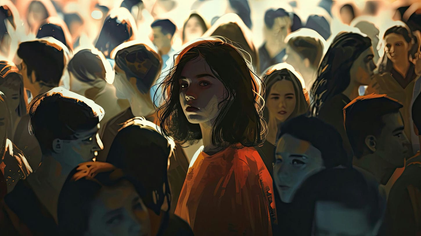 IMage d'une jeune femme dans une foule, représentant l'obstacle de l'allocentrisme pour s'affirmer et prendre sa place