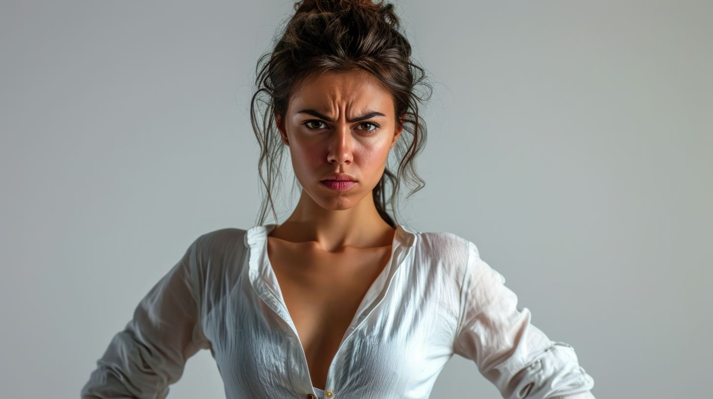 Une très belle femme les yeux froncé les mains sur les hanches représentant le pouvoir de la colère pour prendre sa place et s'affirmer