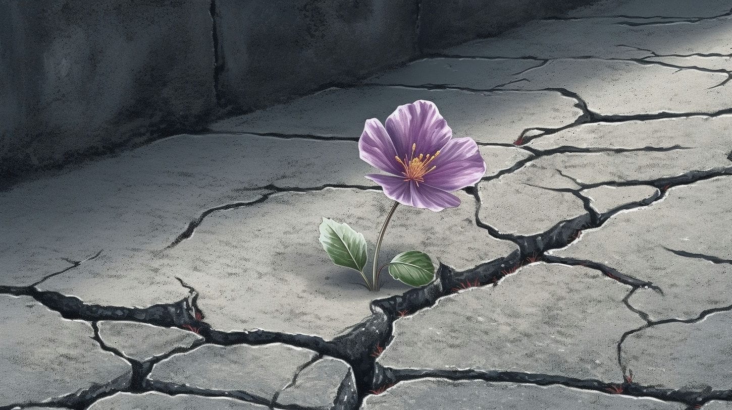Image qui représente la résilience face à l'échec par une fleur qui traverse l'asphalte