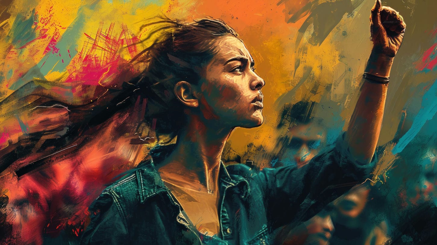 Image d'une peinture coloré d'une femme ayant le point dans les airs, elle est en train de s'affirmer