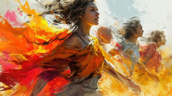 Peinture représentant une femme avance avec confiance symbolisant prendre sa place et s'affirmer