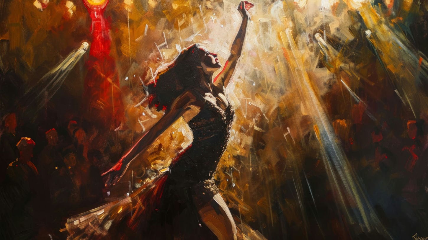 Une très belle peinture représentant une femme qui donne un spectacle, elle symbolise l'action de prendre sa place