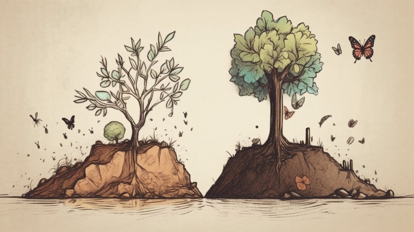 une image qui représente une transformation personnelle pour s'aimer et s'accepter avec un arbre presque mort d'un côté et un arbre qui renait de l'autre
