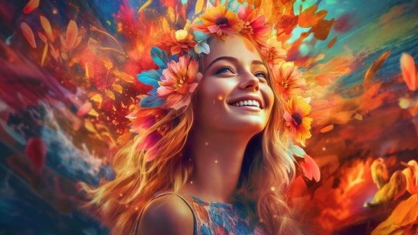 Photo colorée d'une belle jeune femme exprimant la joie