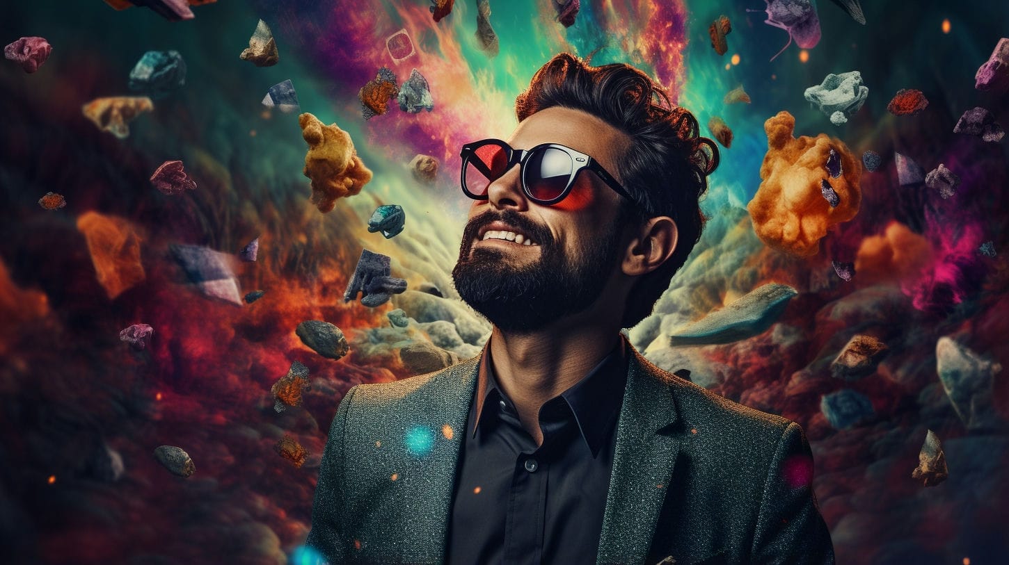 Image d'un homme souriant flottant dans un nuage coloré représentant la pensée magique