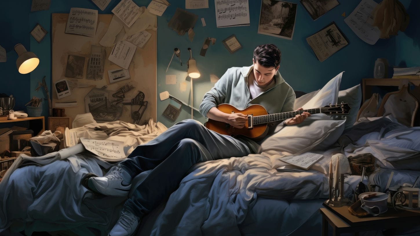 Image représantant un homme déployant la discipline de jouer de la guitare dans sa chambre.