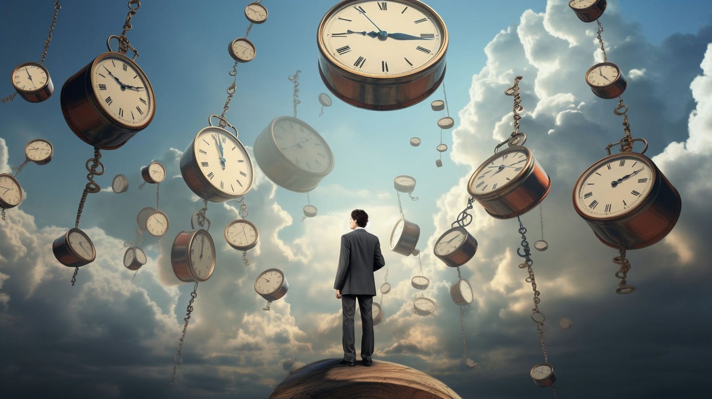 Image d'un homme debout devant des dizaines d'horloge, représentant la discipline de notre temps.