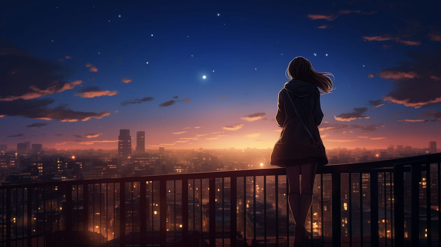 image représentant la solitude avec une femme sur le toit d'un immeuble regardant un ciel magnifique et un coucher de soleil à l'horizon