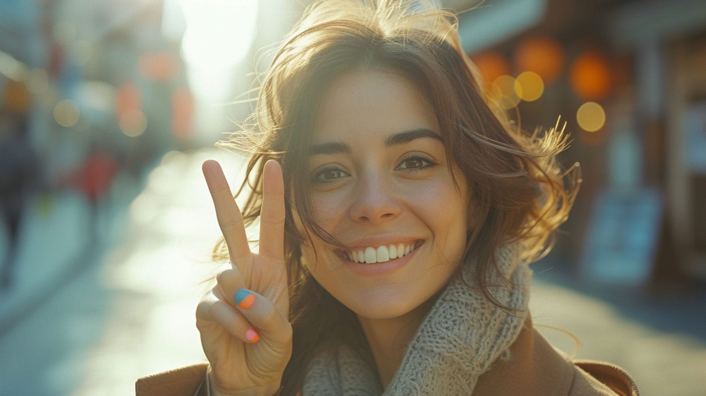 Pourquoi consulter un thérapeute? Pour être bien. Cette image représente une belle jeune femme qui est bien dans sa peau, elle fait un signe peace avec ses doigts. 