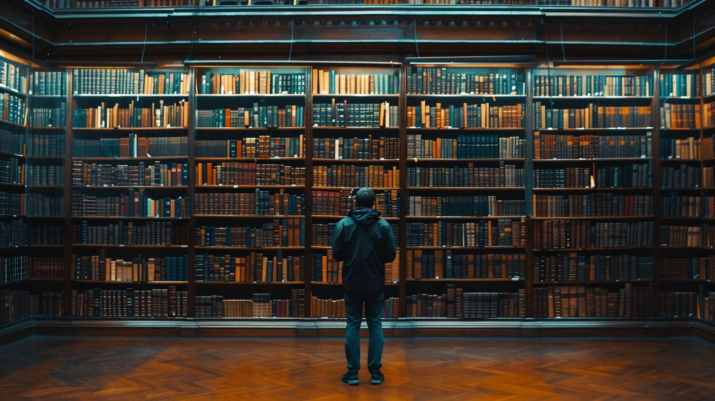 Image d'un homme devant une importante bibliothèque. C'est l'image qui représente la page d'accueil de la catégorie Articles de fond