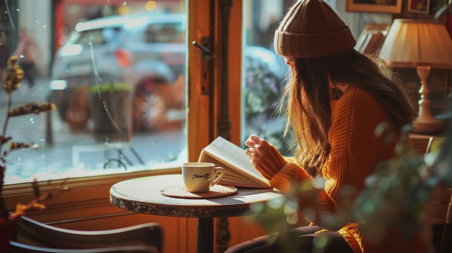 Image représentant une jeune femme lisant des pensées dans un café. L'image représente la couverture de la page de la catégorie blogue - réflexions - citations 