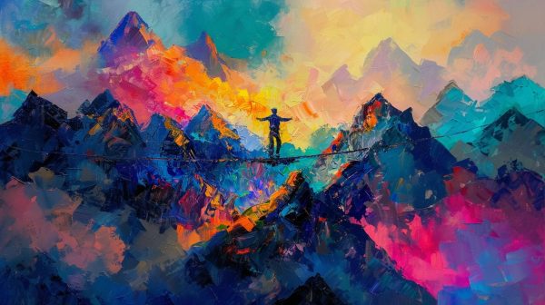 peinture d'une homme qui marche sur fil, représentant l'art de la gestion des émotions