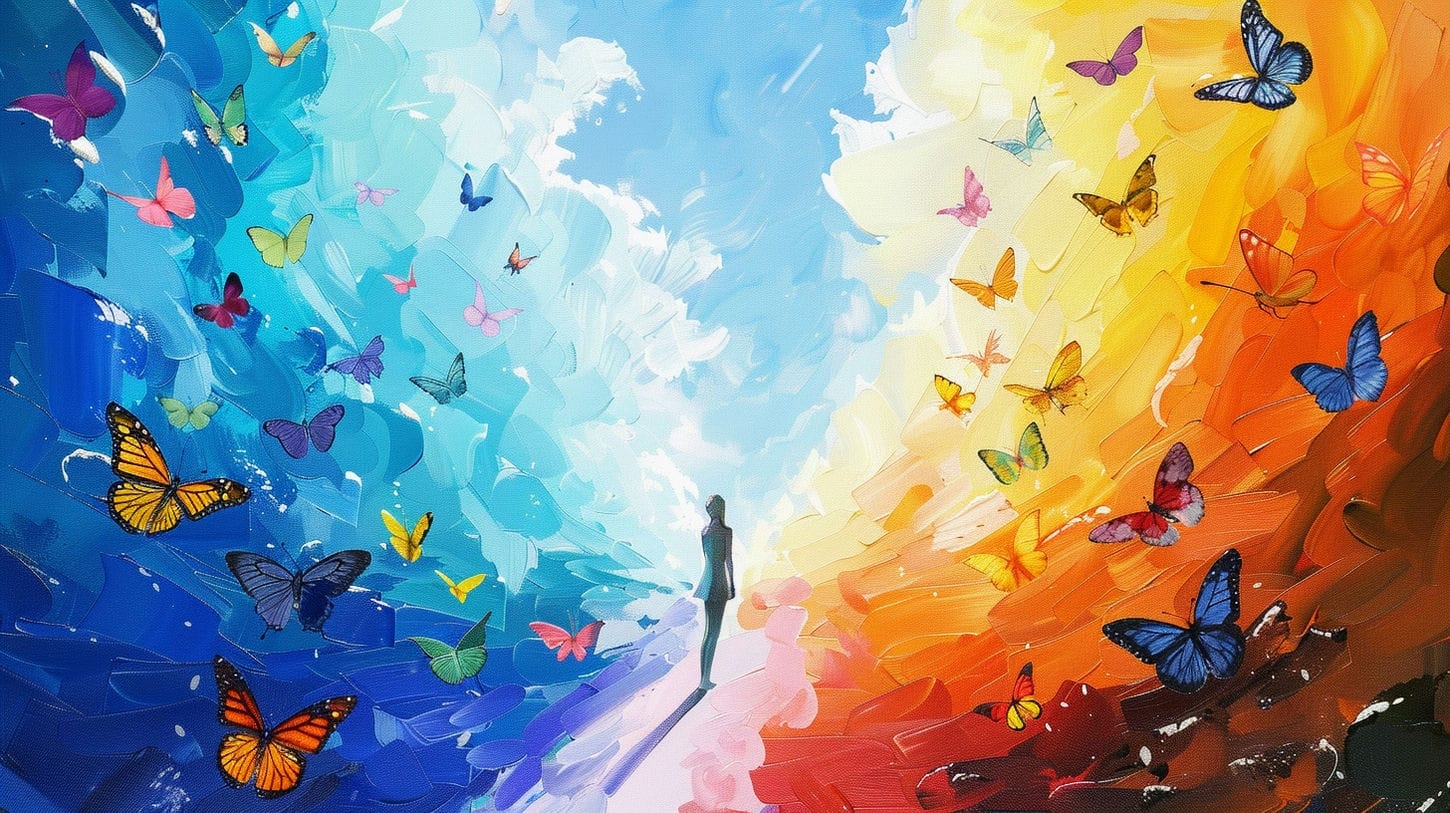 Image d'une peinture colorée de papillons multicolores représentant les émotions auxquelles nous faisons face.